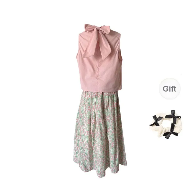 TURN UP Skirt Set Women's Clothing Sets Pink Green Two Piece Set+Bowknot Hair Tie Comes With-1
