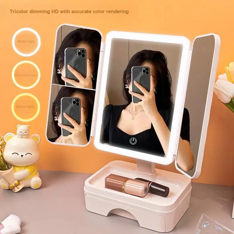 XIBI Desktop Retractable LED Makeup Mirror With Lighted Makeup Toplight Bedroom Portable Durable Storage Box-3