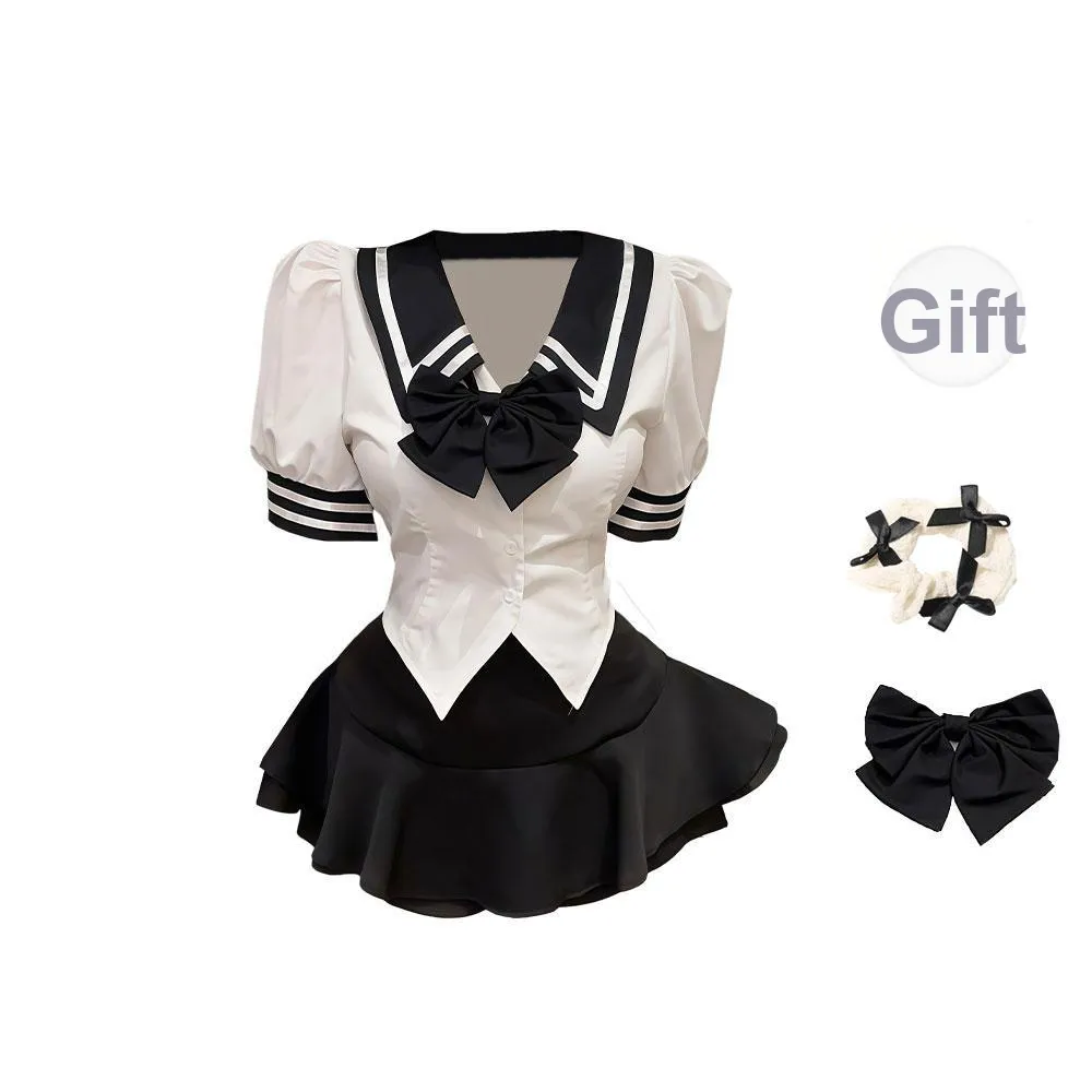 TURN UP Skirt Set Women's Black White Shirt+Pleated Skirt+Bowknot Hair Tie Bow Tie Comes With