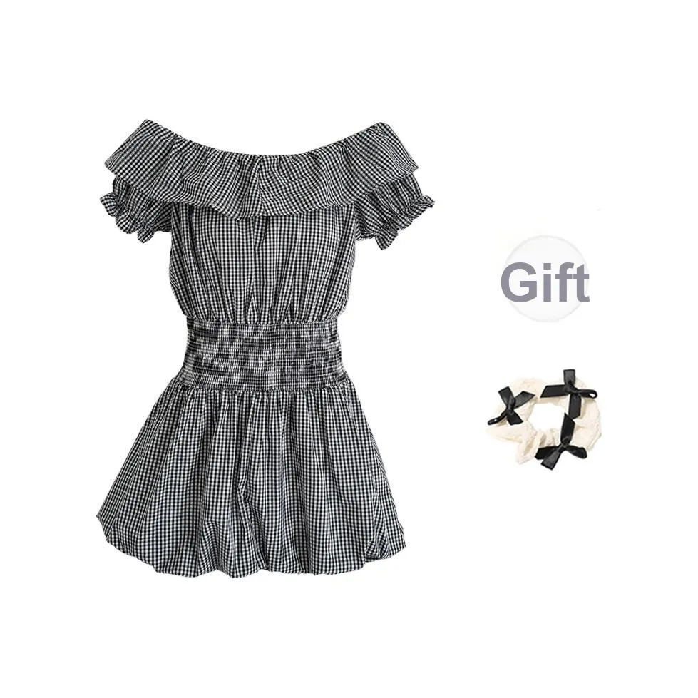 TORIGHT Short Sleeved Dresses Women's Plaid+Bowknot Hair Tie Comes With