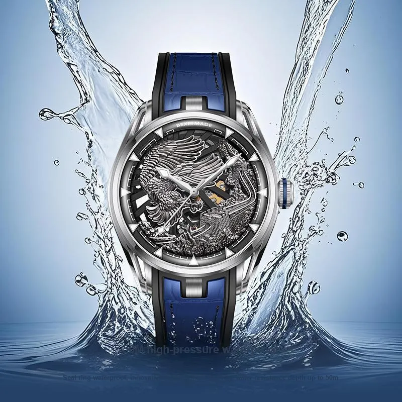 BEXEI Prosperous Journey Collection Automatic Mechanical Movement Rubber Strap Chinese Watches Men's Watches Black Dial-12