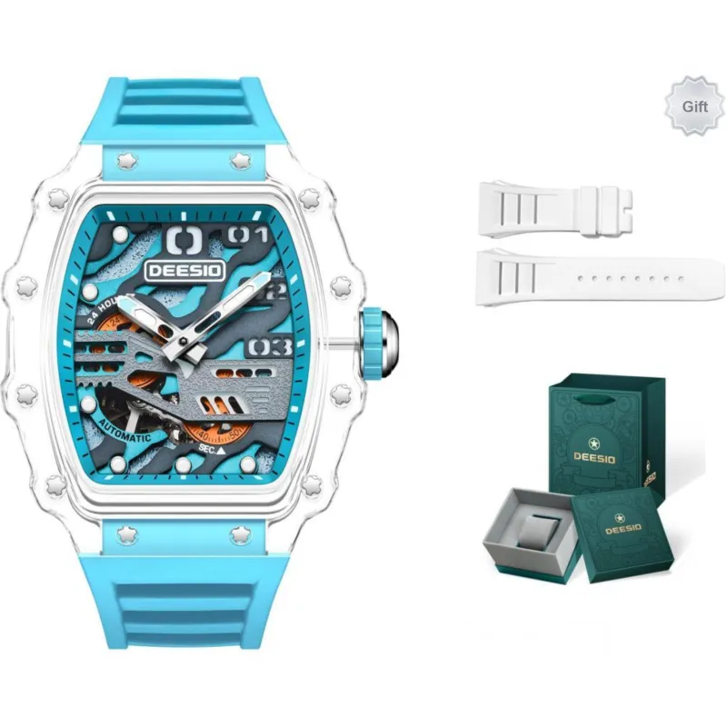 DEESIO Automatic Mechanical Movement Rubber Strap Watch Unisex Cut Out Dial-7