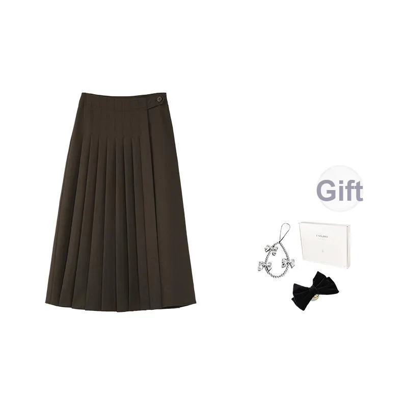 Fstudio Early AUTUMN Корейский стиль Элегантный LOOK Утягивающий A Линия Плиссированный Полу-длина Повседневный Длинный Юбка Женские