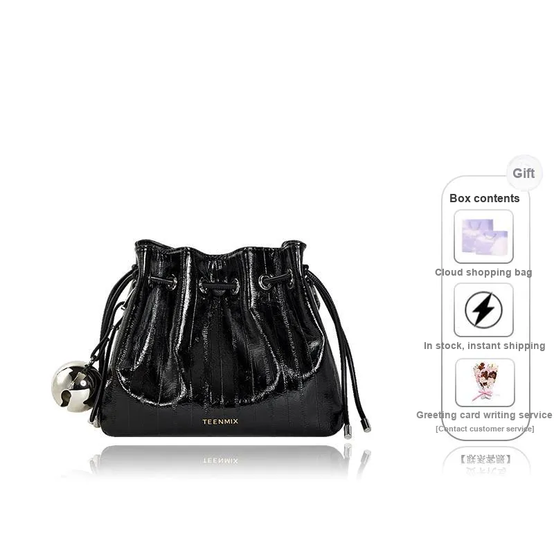 Teenmix Synthetic Leather With Cow Leather Bucket Bag, Crossbody Bag Regular Women's Ecru/Black/Silver-9