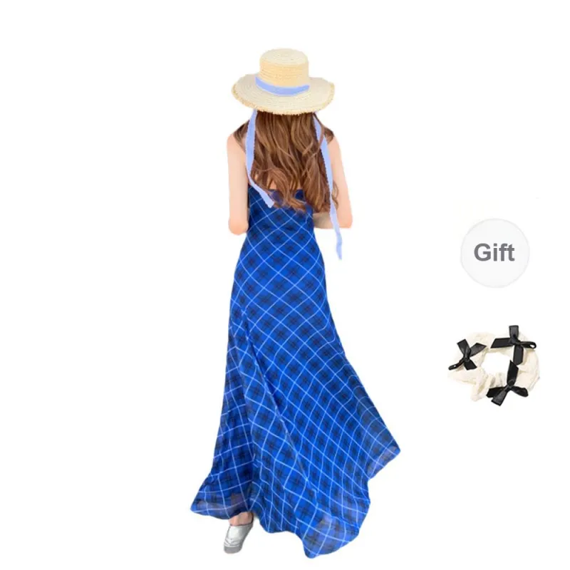 TORIGHT Slip Dress Women's Blue Plaid+Bowknot Hair Tie Comes With-1