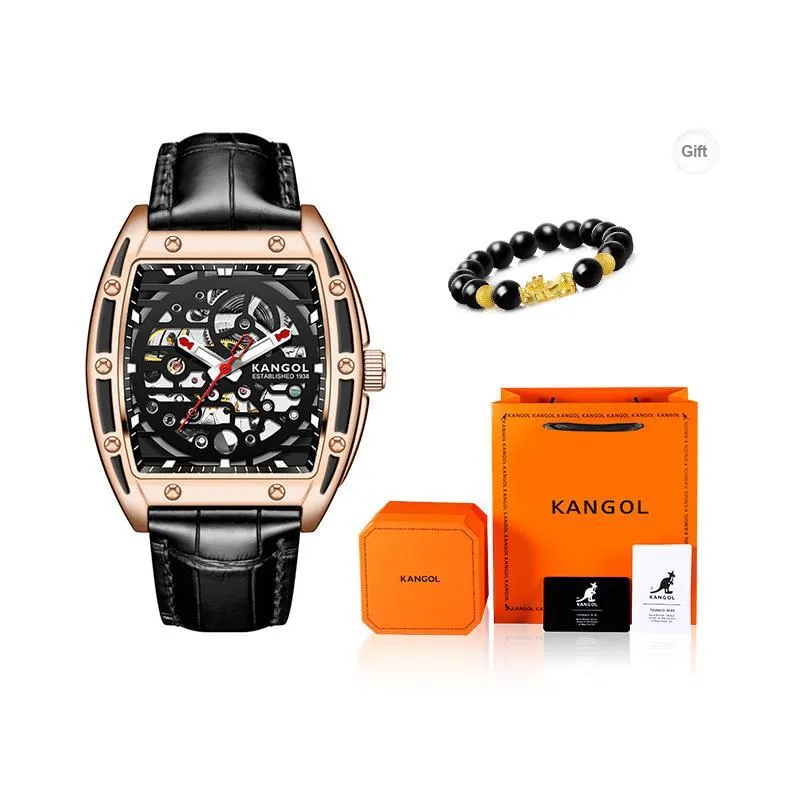 KANGOL Automatic Mechanical Movement Genuine Leather Strap Watch Men's Watches Cut-Out Dial-13