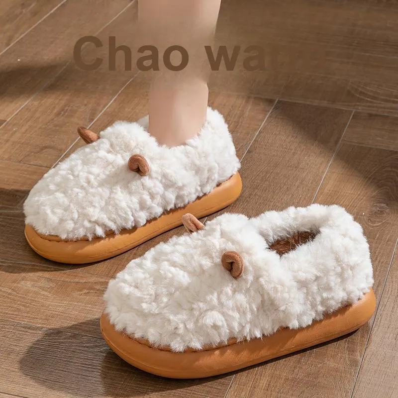 Foot Recreation 3D Effect Small Ears Solid Color Fleece Slippers Winter Home Indoor Warm Cotton Home Slippers Unisex-5