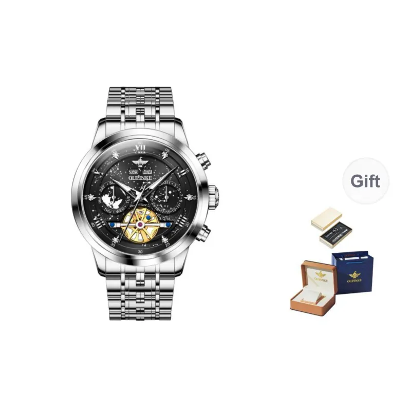 Oupinke Automatic Mechanical Movement Stainless Steel Watchband Watch Men's Watches Blue Dial-35