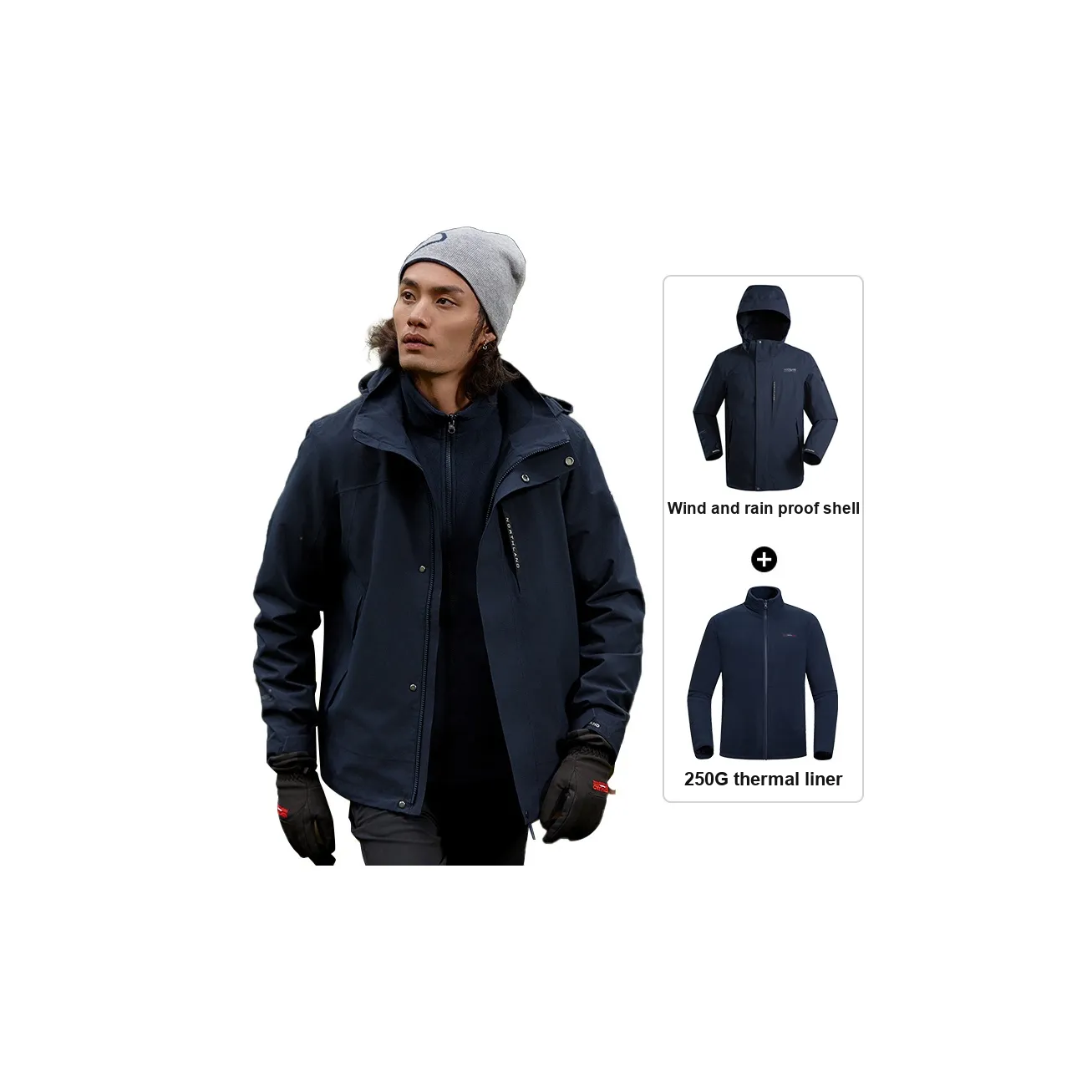 NORTHLAND Профессиональный Водонепроницаемый и Ветрозащитный Ветровка Мужской Однотонный 3 в 1 с Флисовой Подкладкой