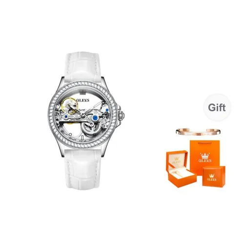 OLEVS Mechanical Movement Leather Watch Bands Watch Women's Watch White Dial