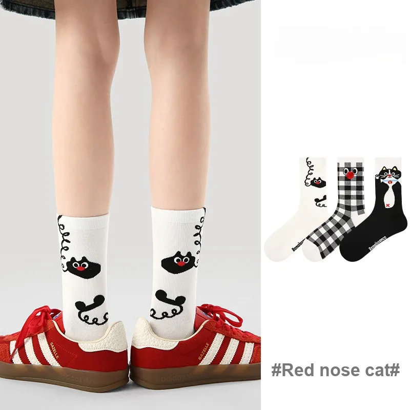 Vine Color Mid-Calf Socks Unisex 3 Pack Red-Nosed Cat-1