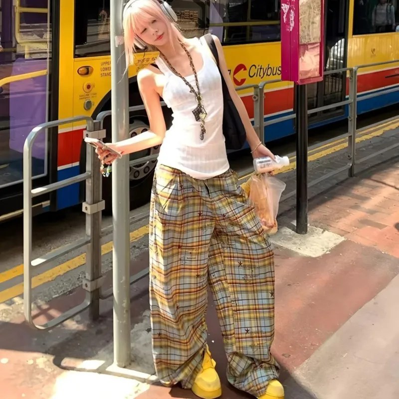 REXSHION Casual Pants Unisex Yellow Blue Plaid-1