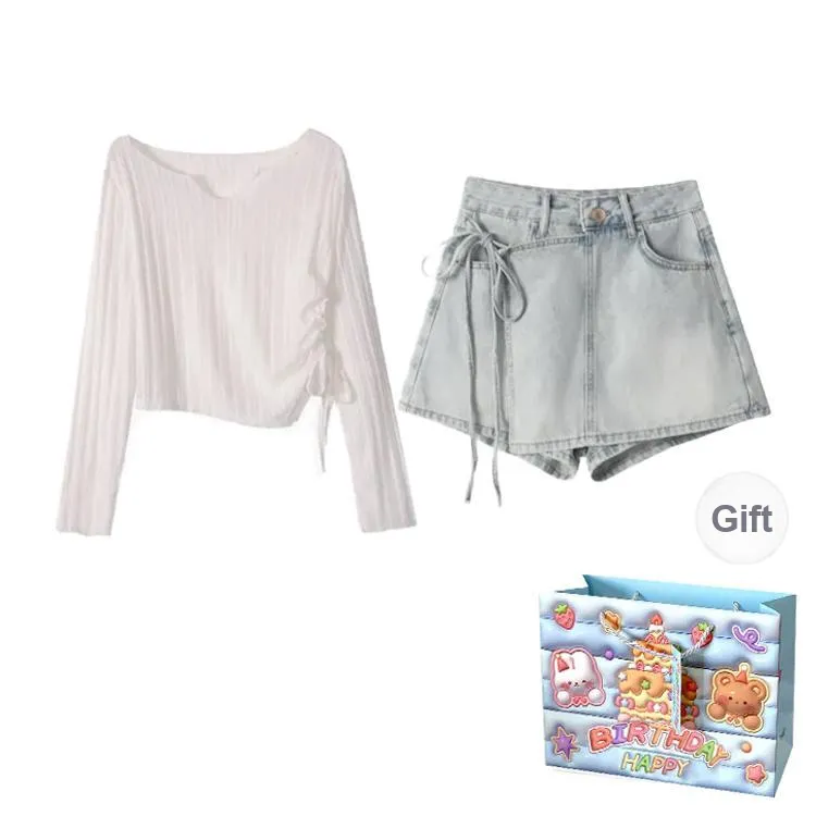REMOULD Casual Suits Women's White Top+Light Blue Pants Shopping Bag