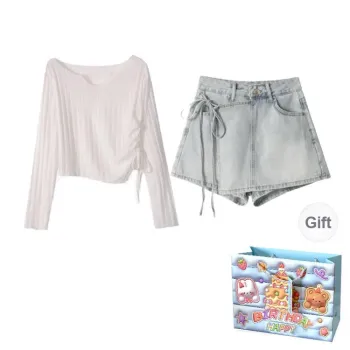 REMOULD Casual Suits Women's White Top+Light Blue Pants Shopping Bag