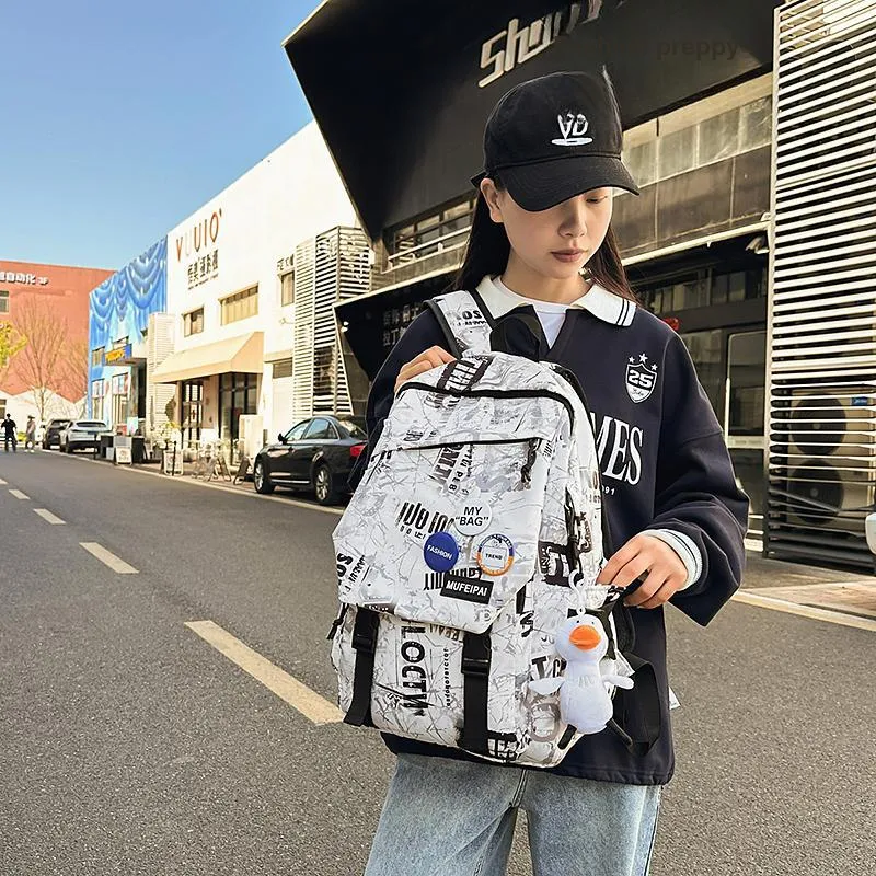 Yalu Nylon Backpack Unisex Black/White/Gray-9