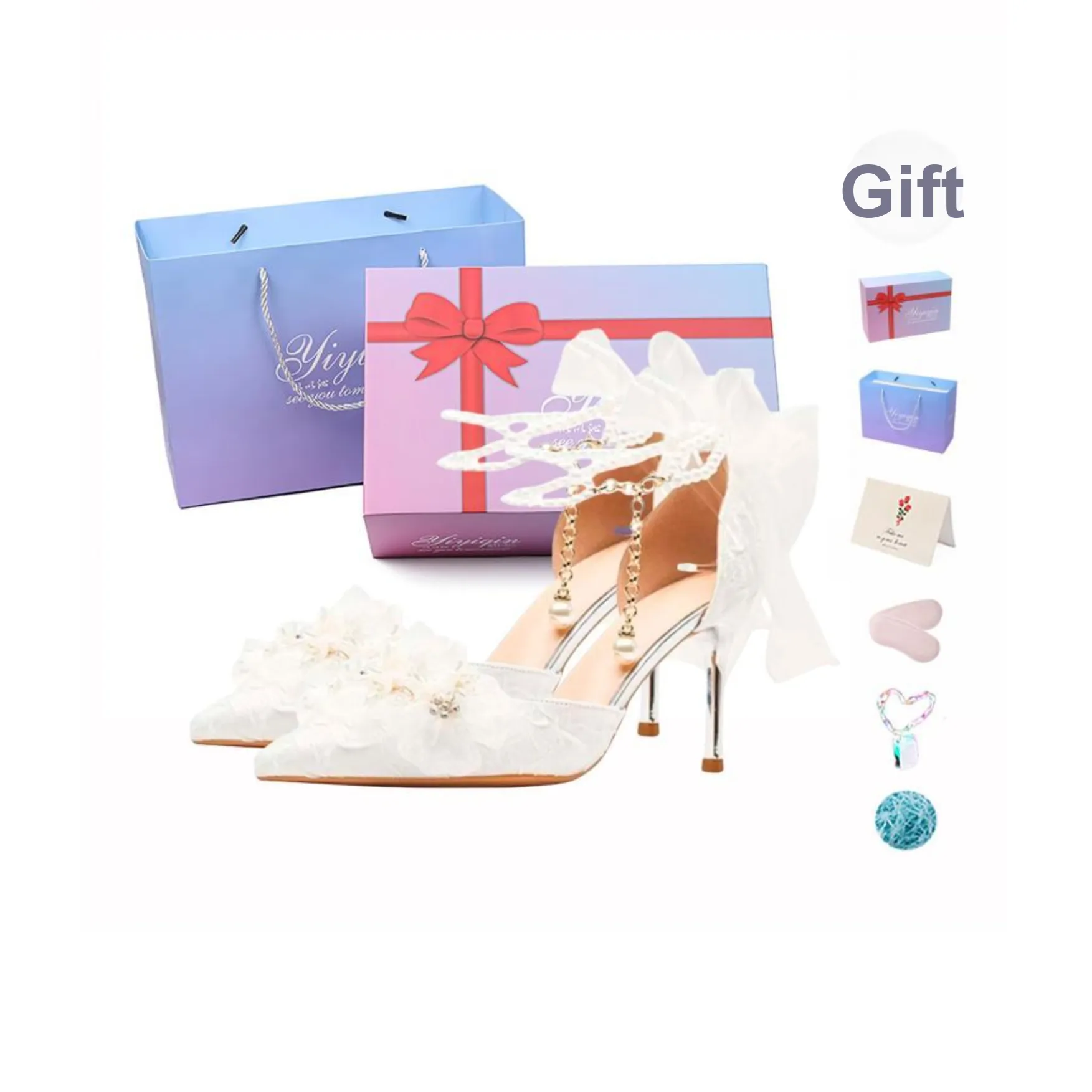Take The Qin Slim Heel High Heels 6cm Women's Pearl White Gift Box Set