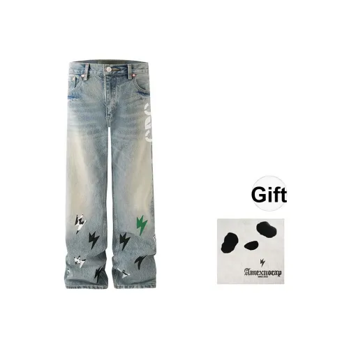 Amexnocap Lightning Patchwork Straight Fit Стираемые Джинсы Unisex Blue