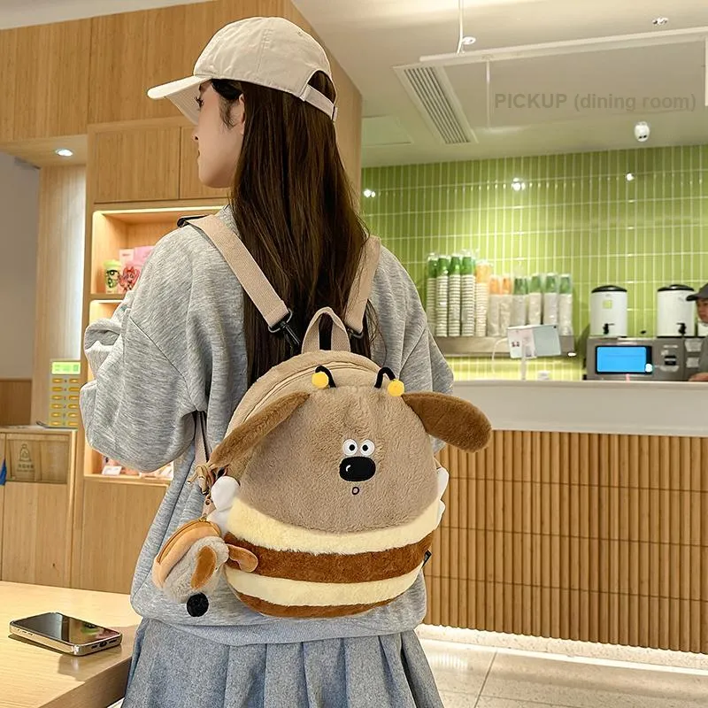 BUBM Plush Backpack Unisex White/Khaki-10