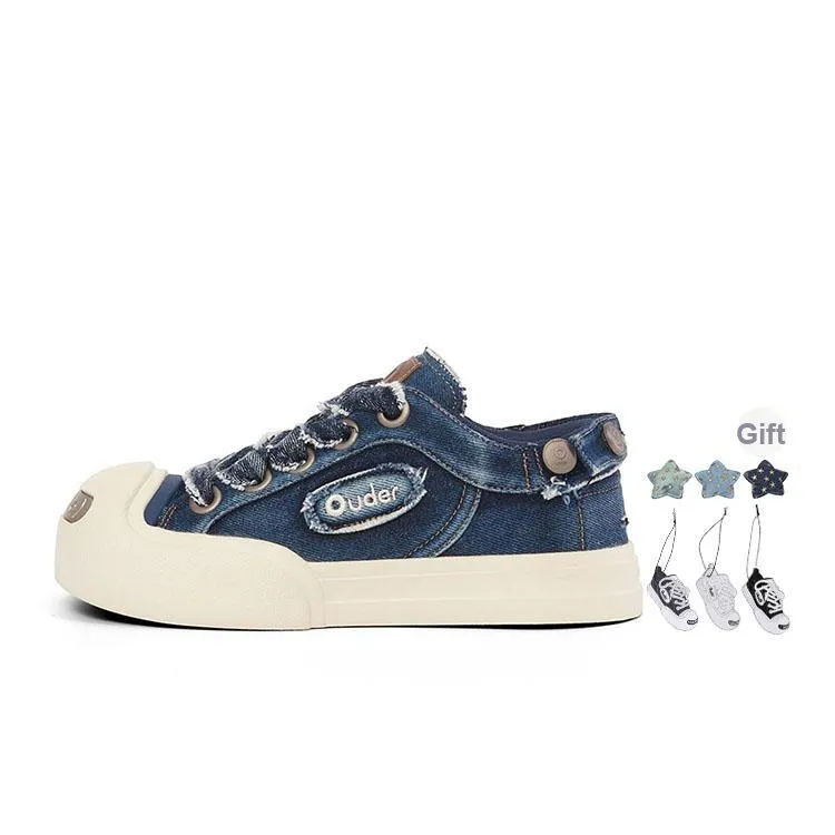 Ouder Smiler Laughs Series Washable Vintage Distressed Denim Low top Canvas Skateboard Shoes Unisex Denim Blue