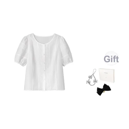 Fstudio Летний Корейский стиль Маленький Однотонный Минималистский стиль Круглый вырез Рукав буф Рубашка Женская