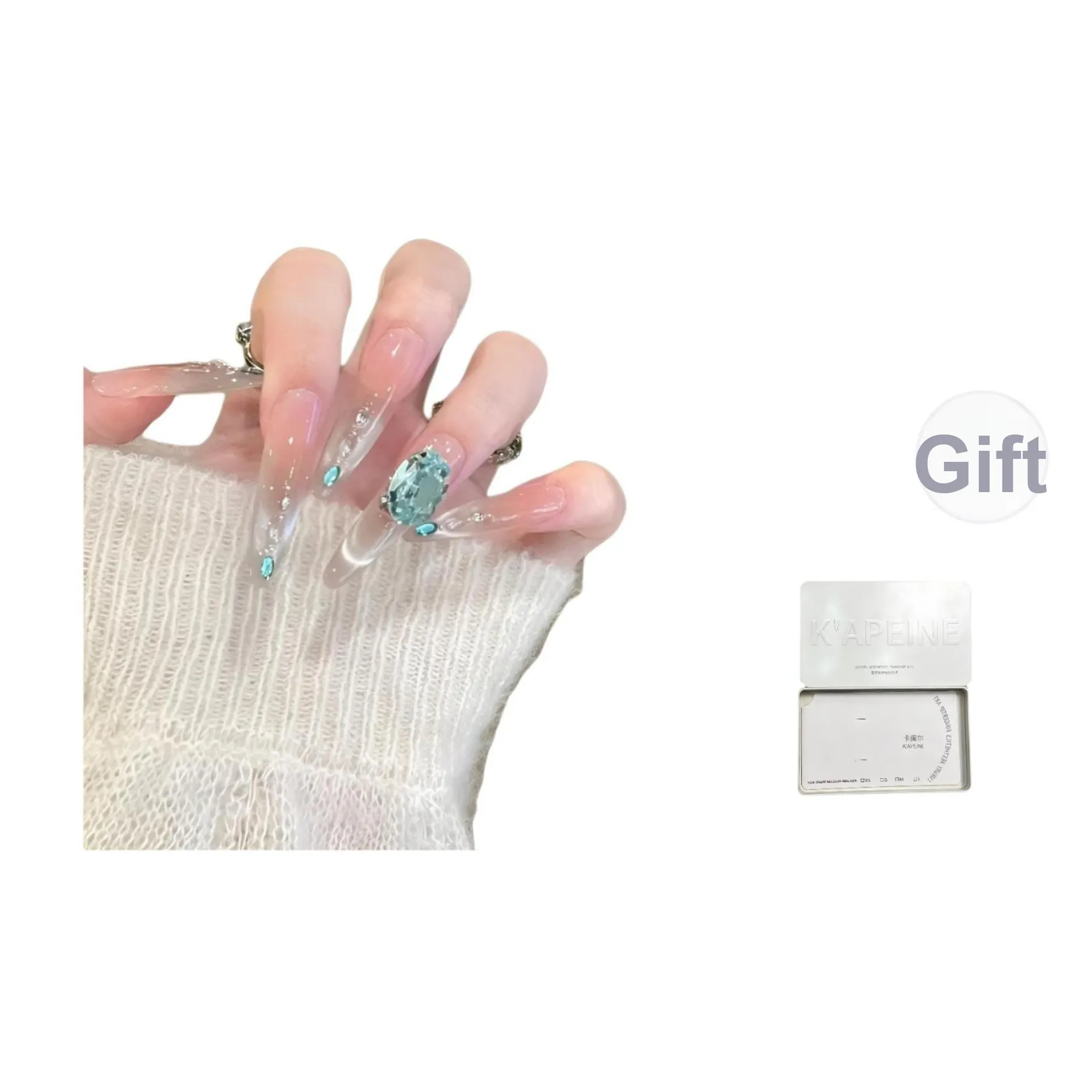 K'APEINE Русалка'S Tear Handcrafted False Nail Art MID Длина (размер в длину) Овал Длинный Синий Градиентный Французский