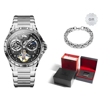 GELATU Mechanical Movement Stainless Steel Watchband Watch Men's Watches Black Dial