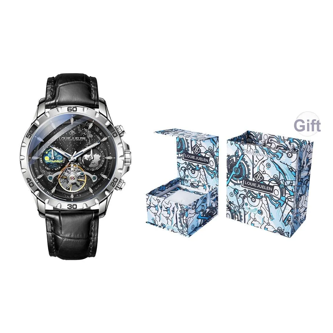 LOUIE JUELEN Автоматический Механический Механизм Нержавеющая Сталь Ремешок Часы Мужские Черный Циферблат