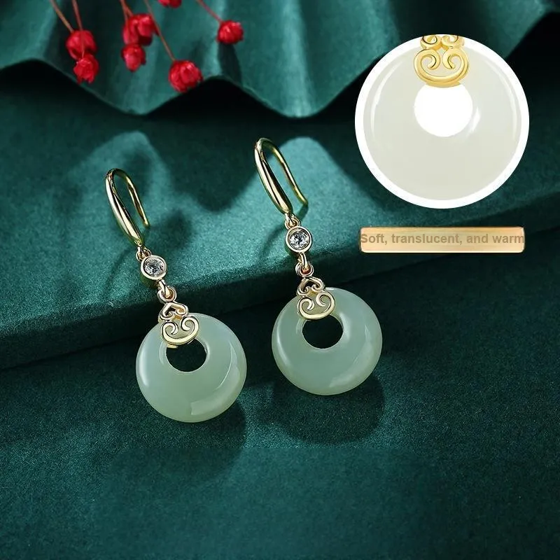 Mu Yao Hetian Jade Earrings Pale Greenish White Jade Women's-2