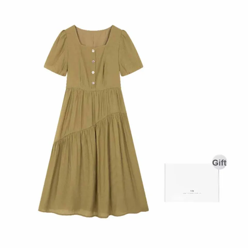 Mo Han Yi Mei Short Sleeved Dress Women's Yellow Green-0