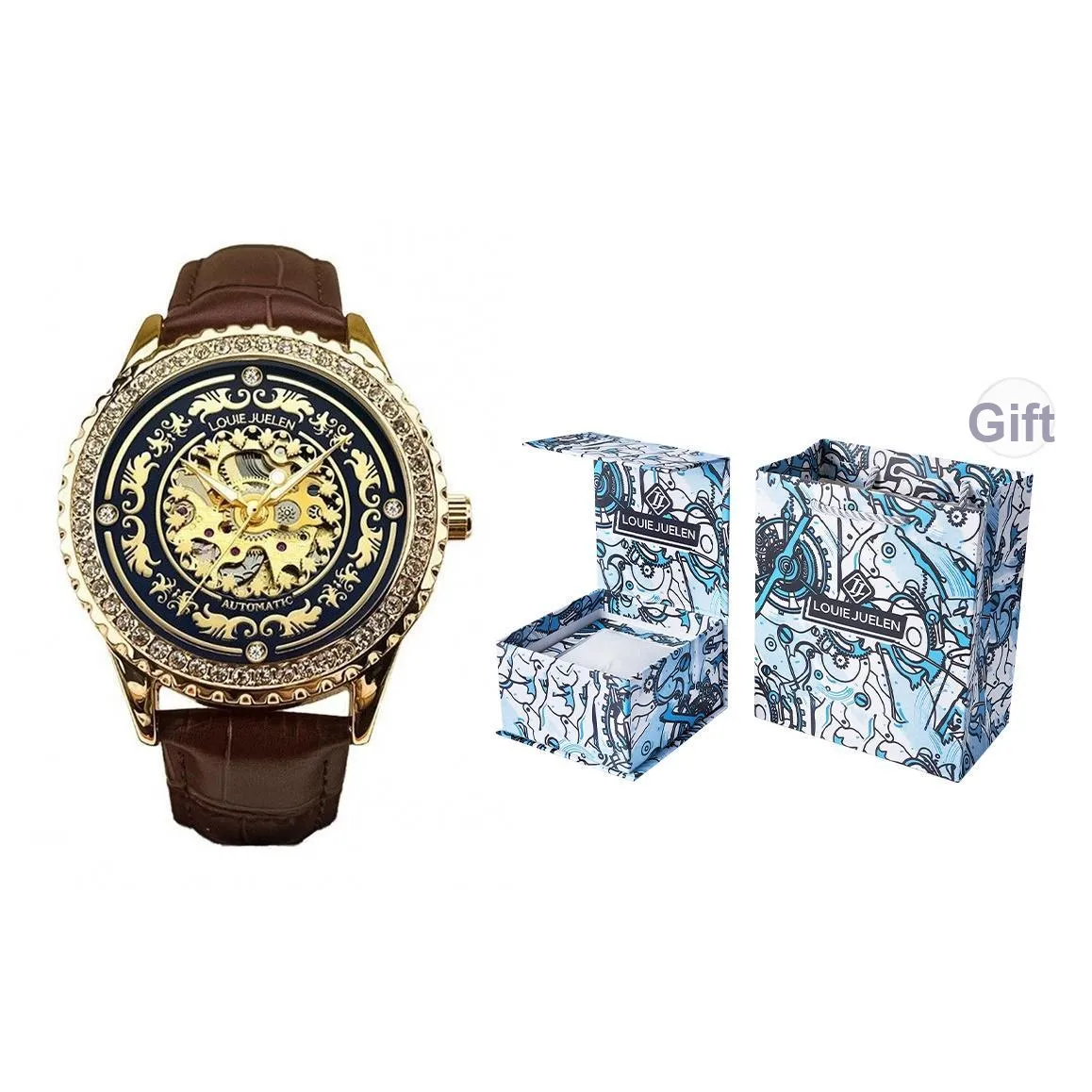 LOUIE JUELEN Механическое устройство натуральная кожа ремень часы мужские циферблат с механизмом скелет