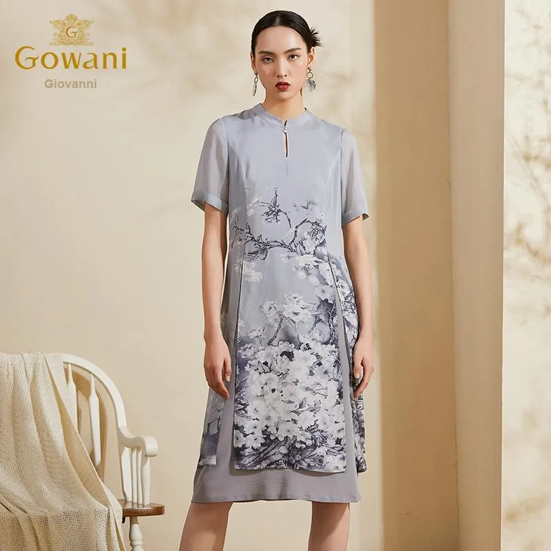 QIAOWANNI Short Sleeved Dress Women's Ink Wash Cherry Blossom-3