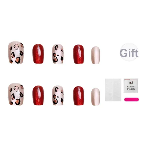 JIABITU Бордовый Леопард False Nail Короткий LADDER Однотонный Smudge Новый китайский стиль 14mm