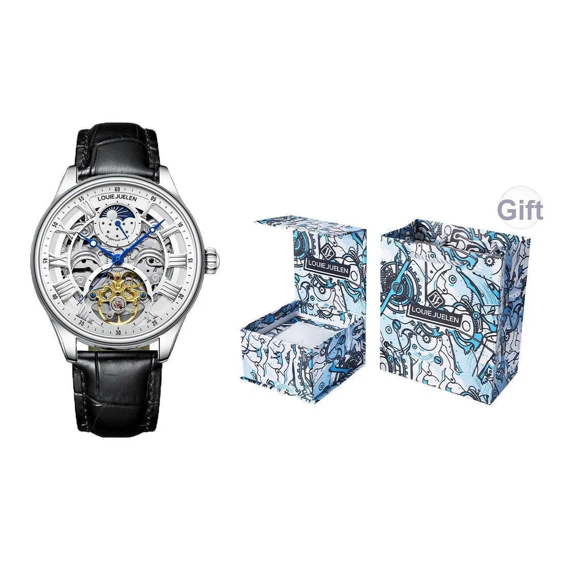LOUIE JUELEN Автоматический механический механизм натуральная кожа ремень часы для мужчин серебристый циферблат