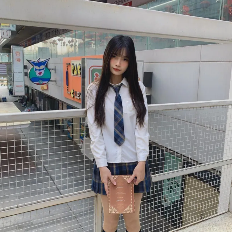 Ice cream and whale Uniforms Women's Jingsiyue Shirt+Misty Whale Checkered Skirt, Comes With A Bow Tie+Skirt Clip+School Emblem-2