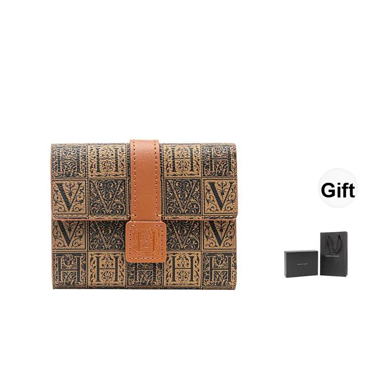 VANESSA HOGAN Cow Leather Clutch Coin Purse Money Clip Wallet Small Size Women's Green/Dark Brown Gray/Yellow Brown