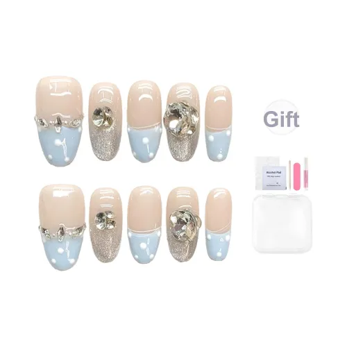 Yun Yue Joe Пыльно-голубой Остров Белый Гороховый узор Контурный False Nail Миндаль Ледяной синий Градиентный Французский