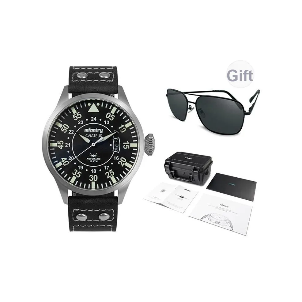 INFANTRY Pilot Collection · Explorer Механическое устройство Натуральная кожа Ремешок Часы Мужские Черный циферблат
