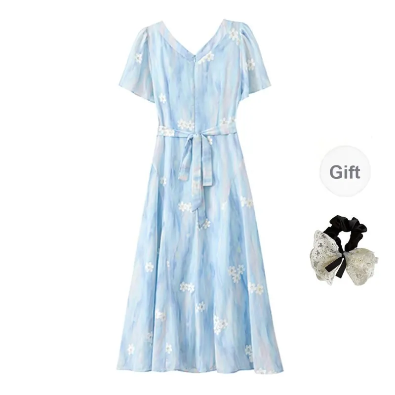 PAVEA Short Sleeved Dress Women's Light Blue+Hair Tie Included-1