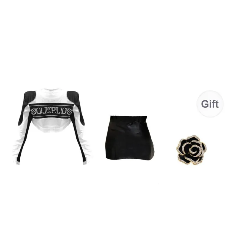 ONNFB Two Piece Skirt Sets Women's Hot Girl Motorcycle Jacket+Black Waist Belt Skirt-1
