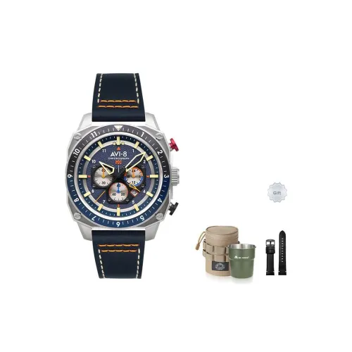 AVI 8 Hunter Fighter Collection Мужские часы Кварцевый механизм Естественная кожа Ремешок Синий циферблат