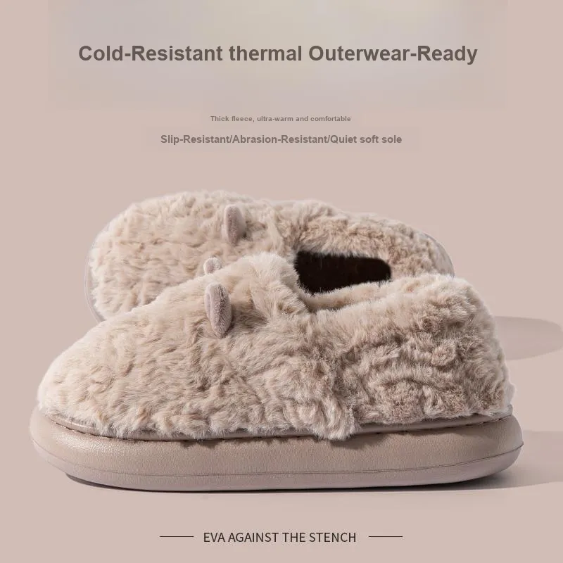 Foot Recreation 3D Effect Small Ears Solid Color Fleece Slippers Winter Home Indoor Warm Cotton Home Slippers Unisex-22