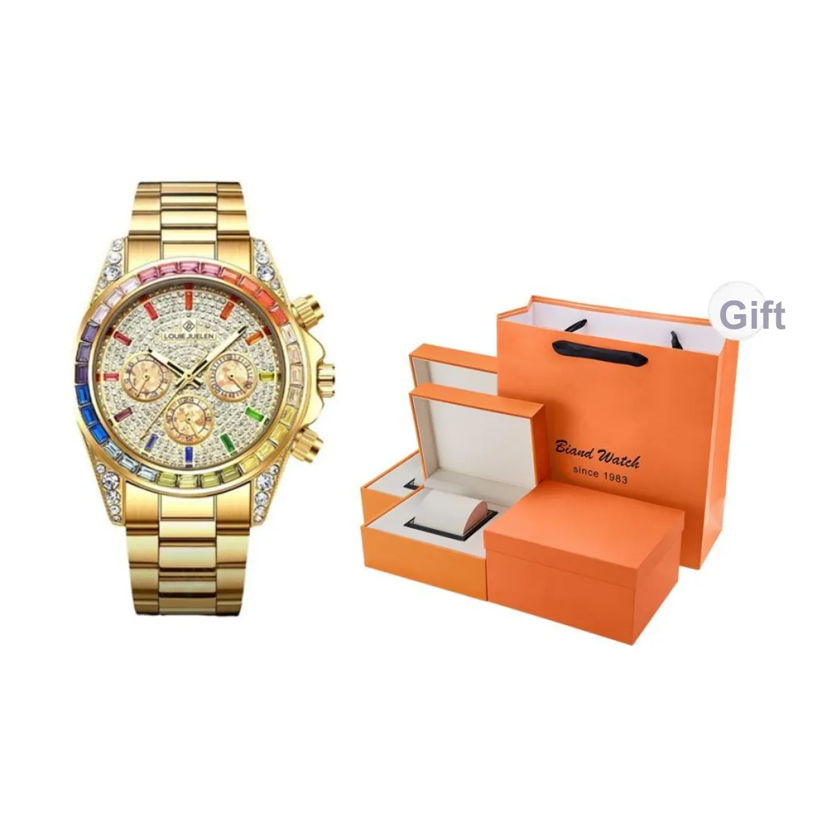 LOUIE JUELEN Mechanical Movement Steel Strap Watch Men's Watches Gold Dial