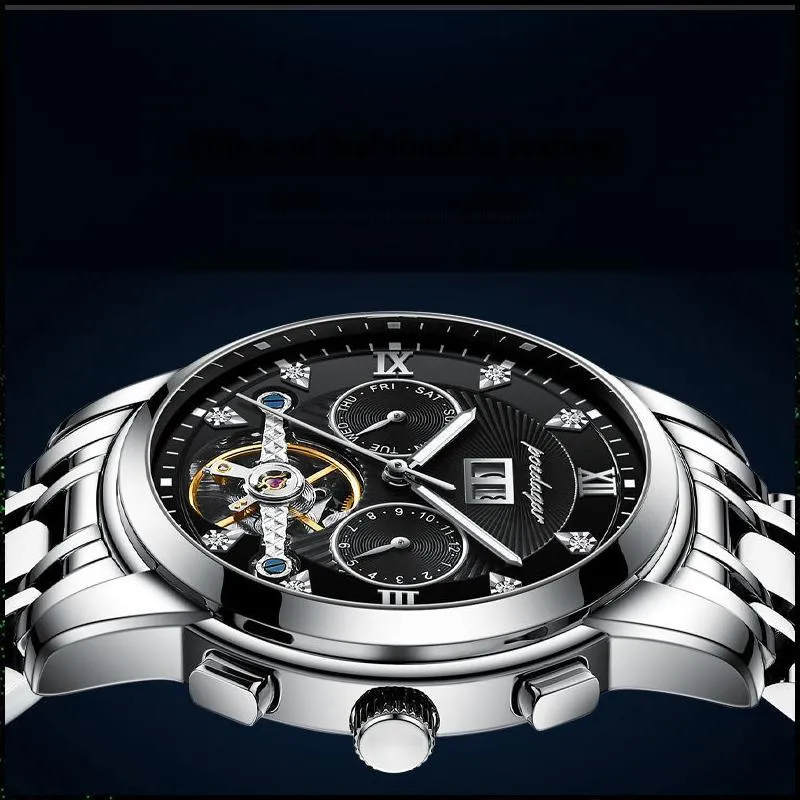 POEDAGAR Mechanical Movement Stainless Steel Watchband Men's Watches Black Dial-36