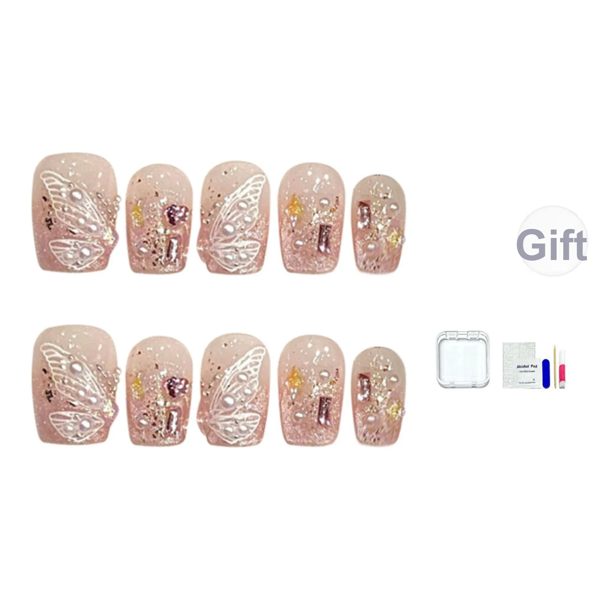 JINGCHANXUE Любовь бабочки Луна Ручной Лист Бабочка False Nail Короткий Квадрат Нюдово-розовый Градиентный Шimmer 12mm