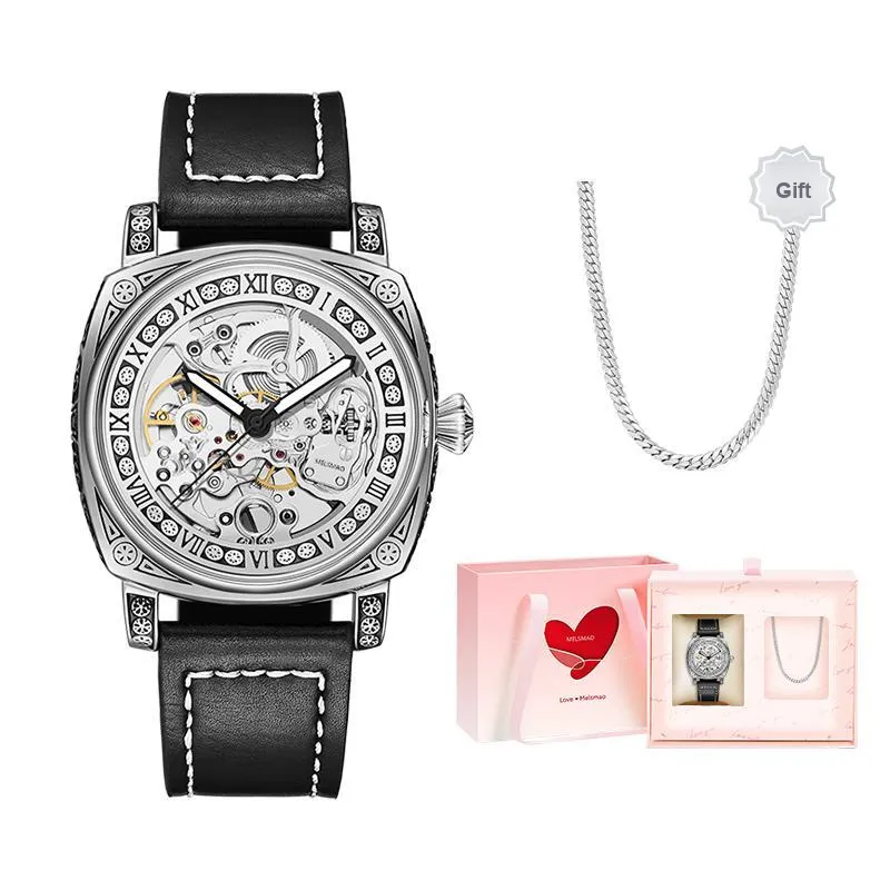 MELSMAO Mechanical Movement Leather Watch Bands Watch Men's Watches Black Dial-0