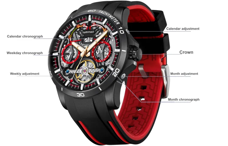 FAIRWHALE Pioneer Collection Men's Red Watch Automatic Mechanical Movement Watch Men's Watches Black Dial-1