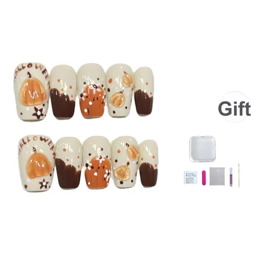 JIDUOMENG Тыква Праздничный Handcrafted False Nail Премиум HAND DRAWN 3D-эффект Press On Nails Милый Nail Strips