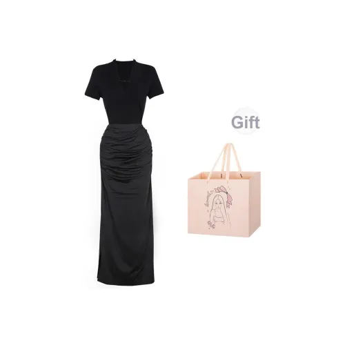 BSEVENI Короткое платье с короткими рукавами женское черное