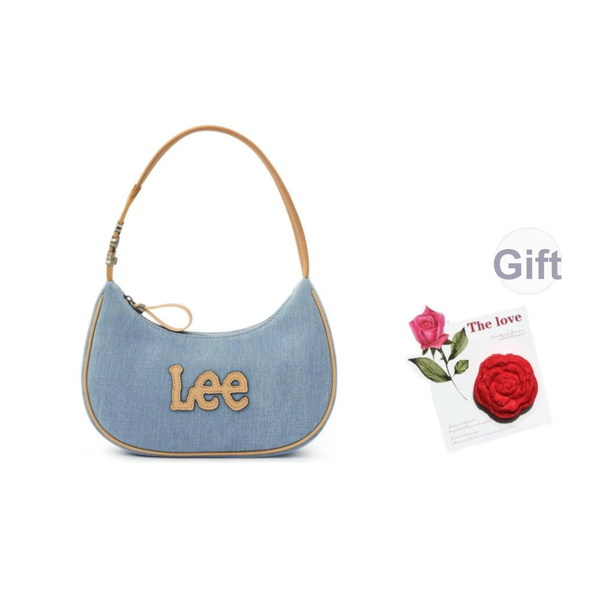 Lee Fabric+Artificial Leather Shoulder Bag, Crescent Bag, Shoulder Bag Women's Vintage Light Denim Blue