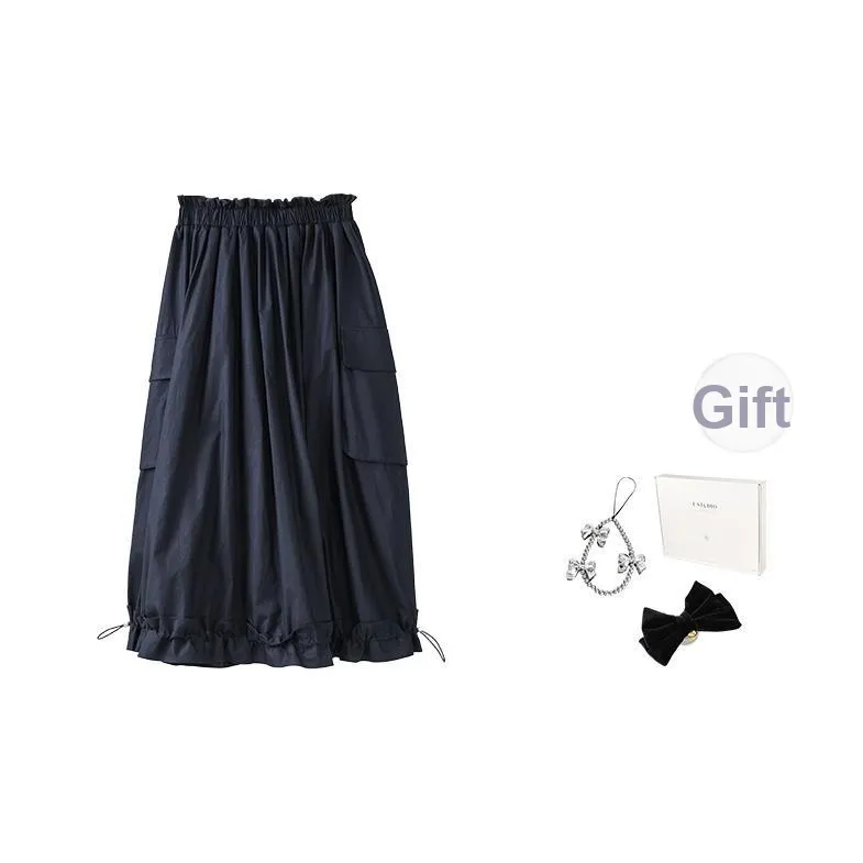 Fstudio Лето Корейский Преппи стиль Сладкий стиль 100% хлопок Кружево Отделка Полу-длина Повседневный Длинный Юбка Женские